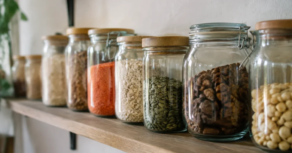 Bocaux en verre alignes sur etagere murale