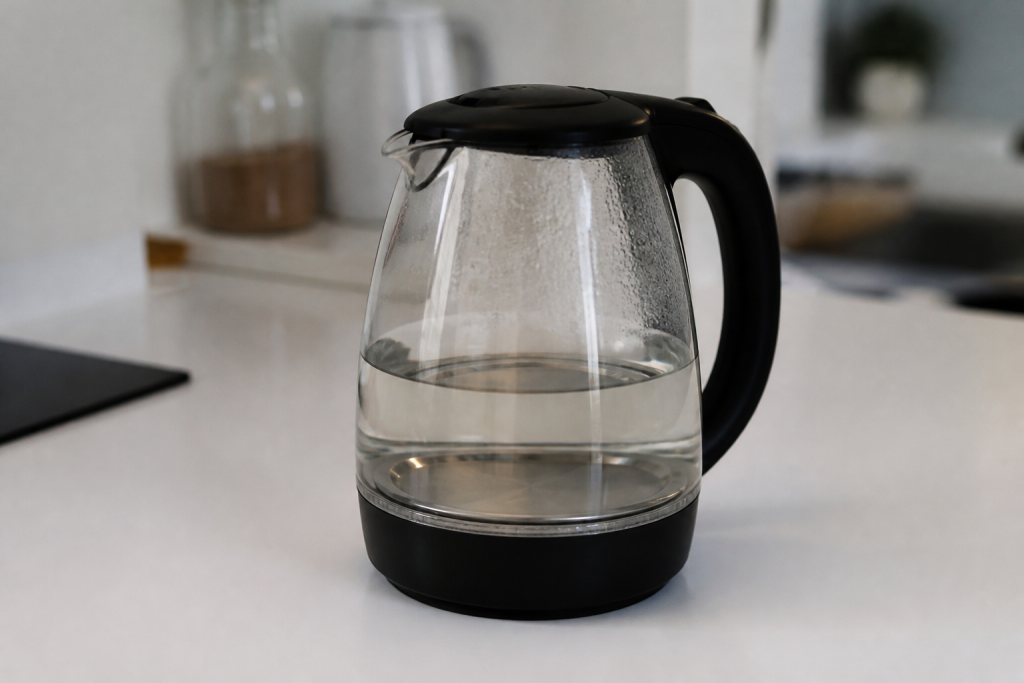 Bouilloire transparente posee sur plan de travail blanc