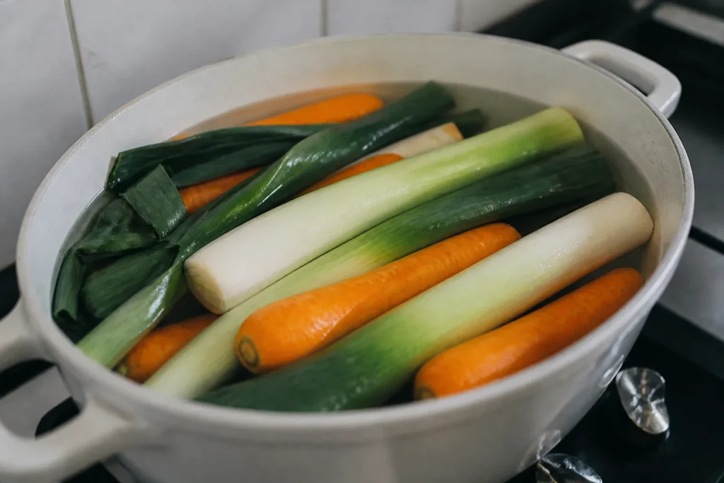 Carottes entieres et poireaux dans une casserole blanche