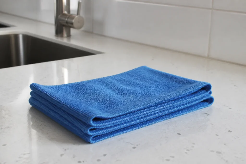 Chiffons microfibre bleus plies sur plan de travail blanc