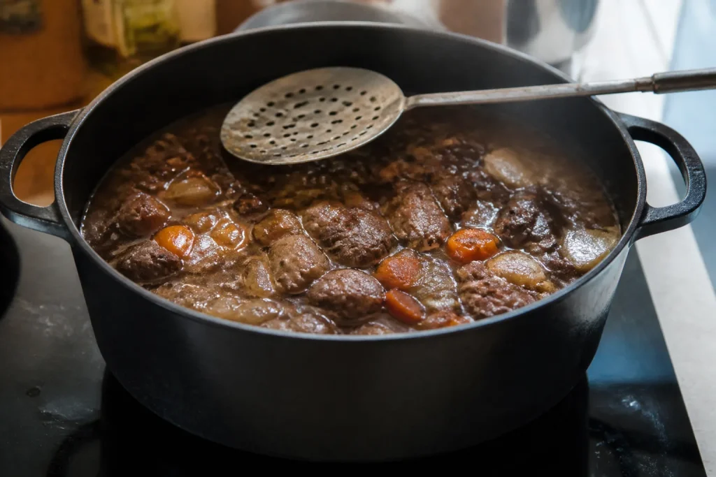 Cocotte en fonte avec viande mijotant et ecumoire posee