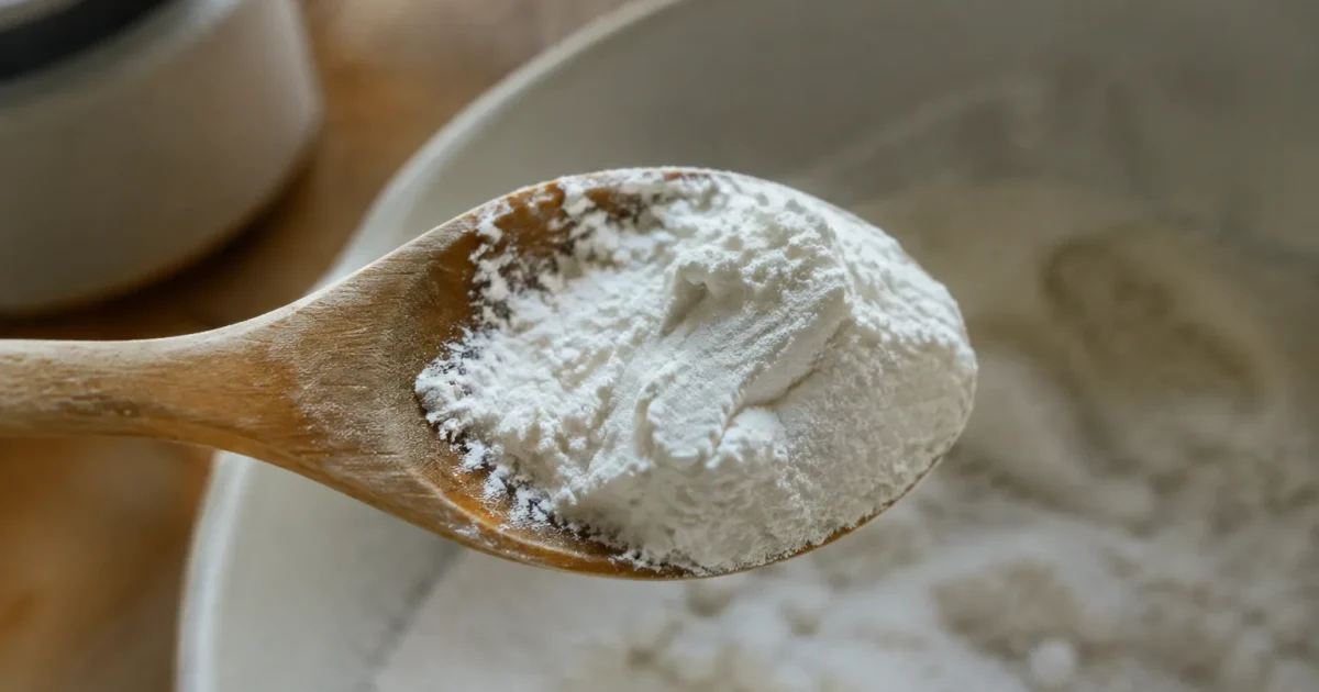 Cuillere en bois pleine de poudre blanche