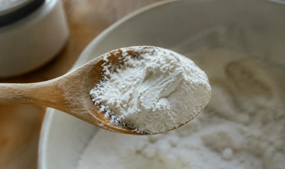 Cuillere en bois pleine de poudre blanche