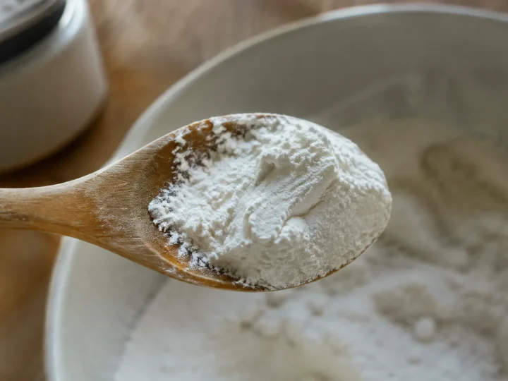 Cuillere en bois pleine de poudre blanche