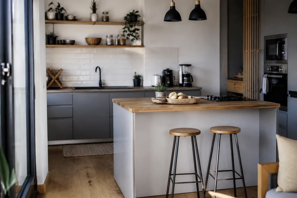 Cuisine ouverte lumineuse avec ilot central et tabouret
