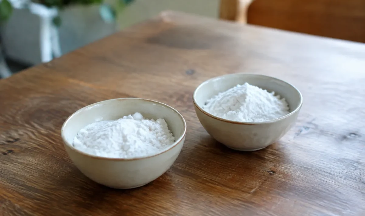 Deux petits bols de poudre blanche posés sur table