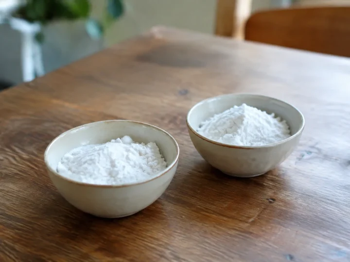 Deux petits bols de poudre blanche posés sur table