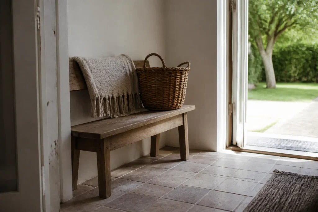 Entree lumineuse avec banc en bois et panier en osier
