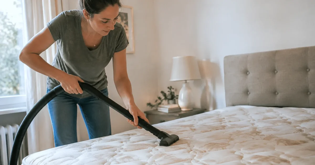 Femme aspirant un matelas beige sur un lit
