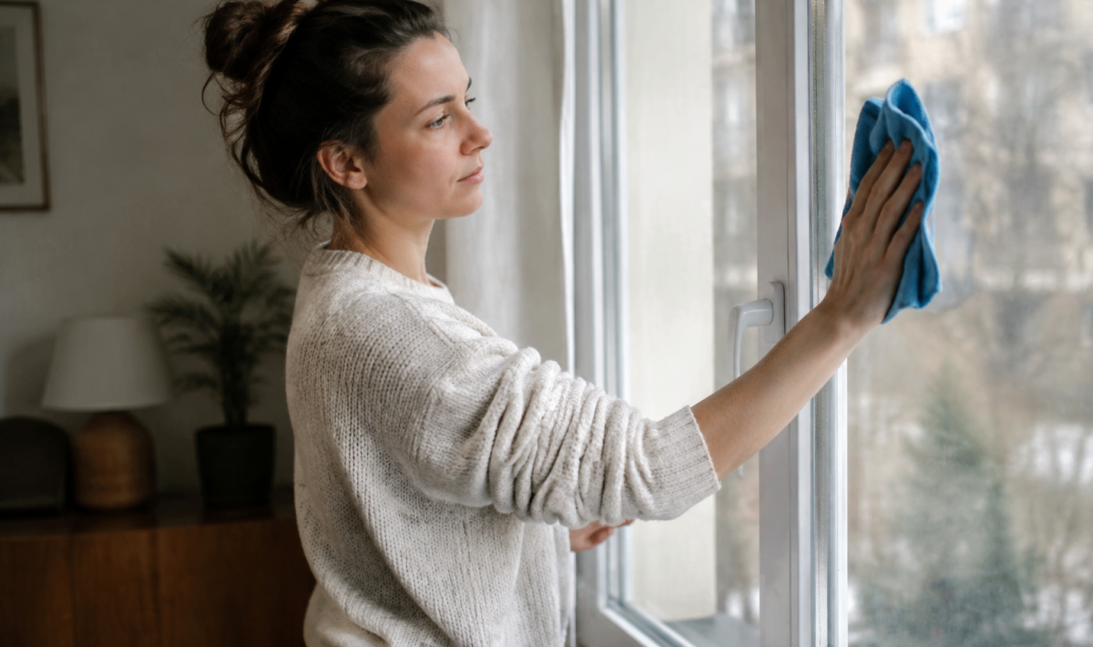 Femme debout essuyant une fenetre avec chiffon microfibre bleu