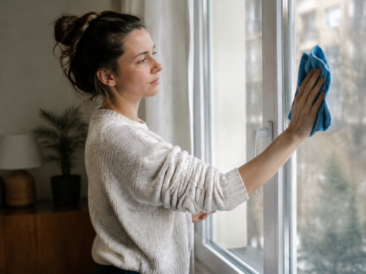 Femme debout essuyant une fenetre avec chiffon microfibre bleu