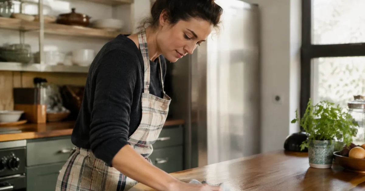 Femme en tablier essuyant un plan de travail