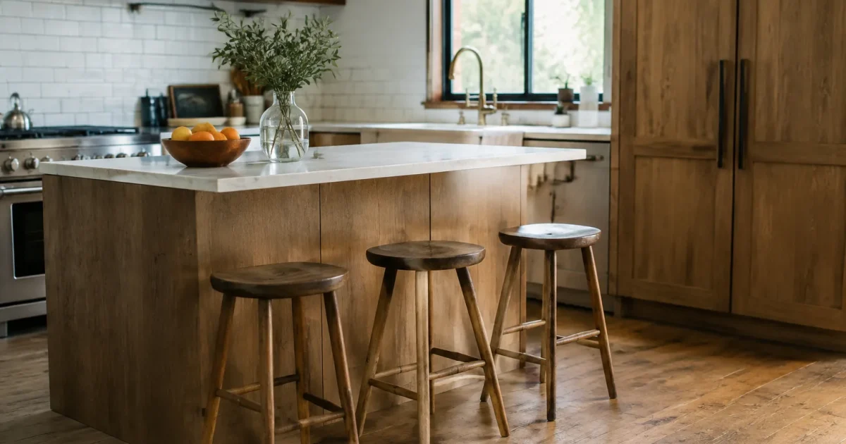 Ilot central et tabourets devant un comptoir en bois
