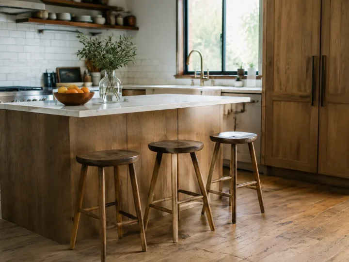 Ilot central et tabourets devant un comptoir en bois