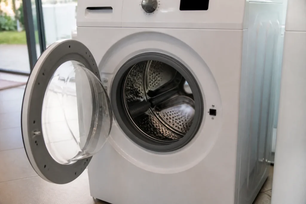 Lave-linge Beko ouvert montrant tambour dans magasin lumineux