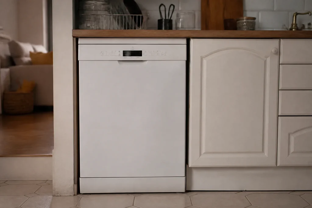 Lave-vaisselle blanc avec bandeau de commandes visible
