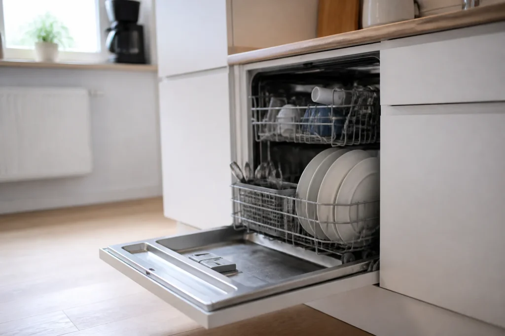 Lave-vaisselle blanc porte ouverte dans une cuisine lumineuse