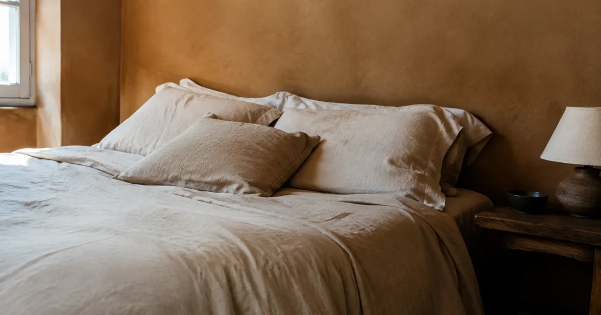Lit bas couvert de linge beige contre mur argile