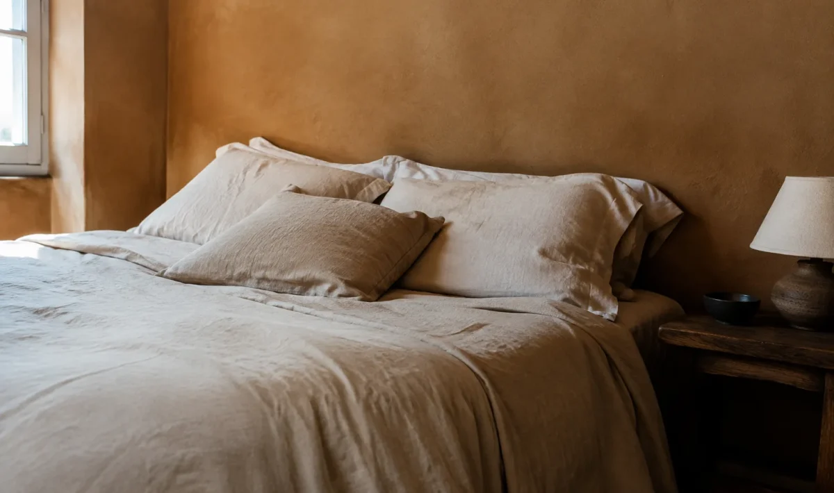Lit bas couvert de linge beige contre mur argile