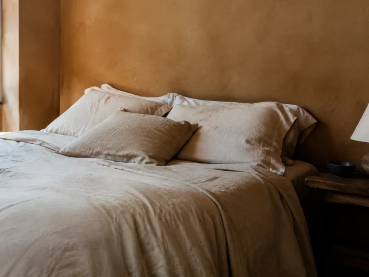 Lit bas couvert de linge beige contre mur argile