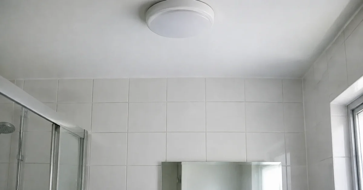 Luminaire rond blanc au plafond, mur carrele blanc