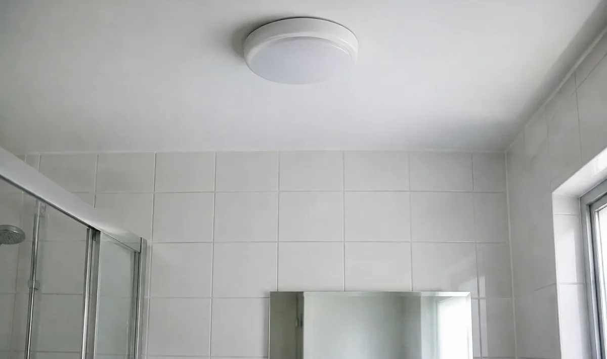 Luminaire rond blanc au plafond, mur carrele blanc