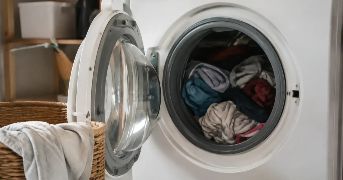 Machine blanche ouverte remplie de vetements dans buanderie