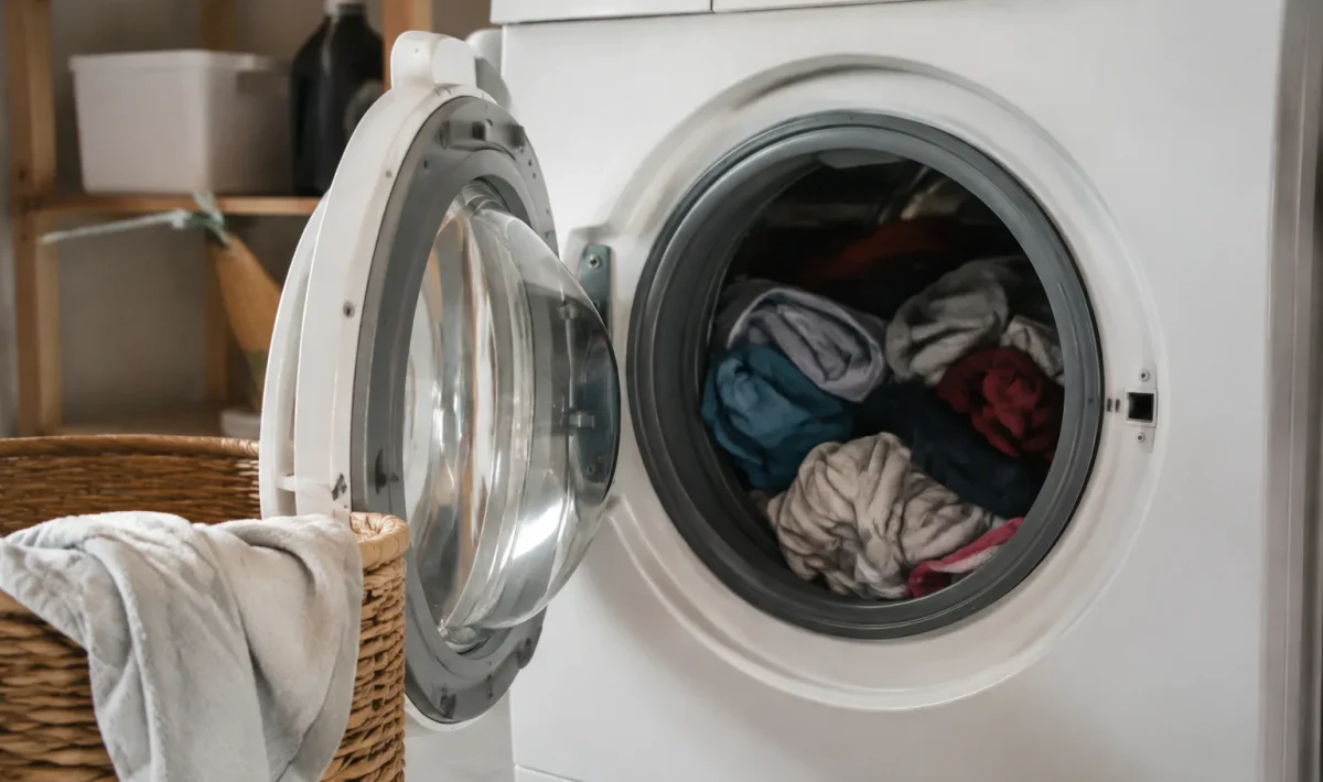 Machine blanche ouverte remplie de vetements dans buanderie