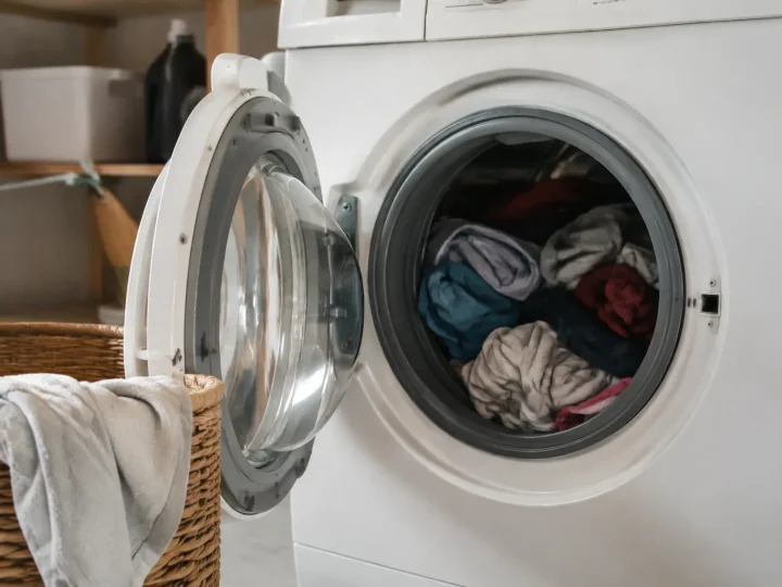 Machine blanche ouverte remplie de vetements dans buanderie