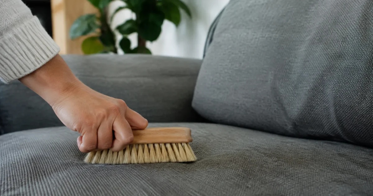 Main tenant une brosse sur un canape gris