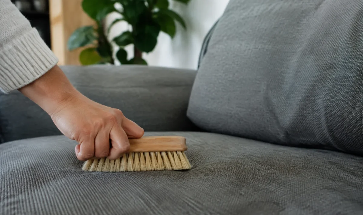 Main tenant une brosse sur un canape gris