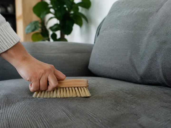 Main tenant une brosse sur un canape gris