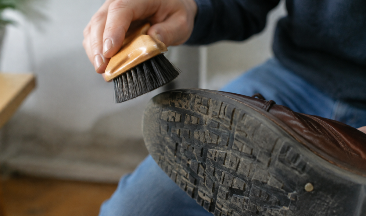 Main tenant une brosse au-dessus d'une semelle chaude