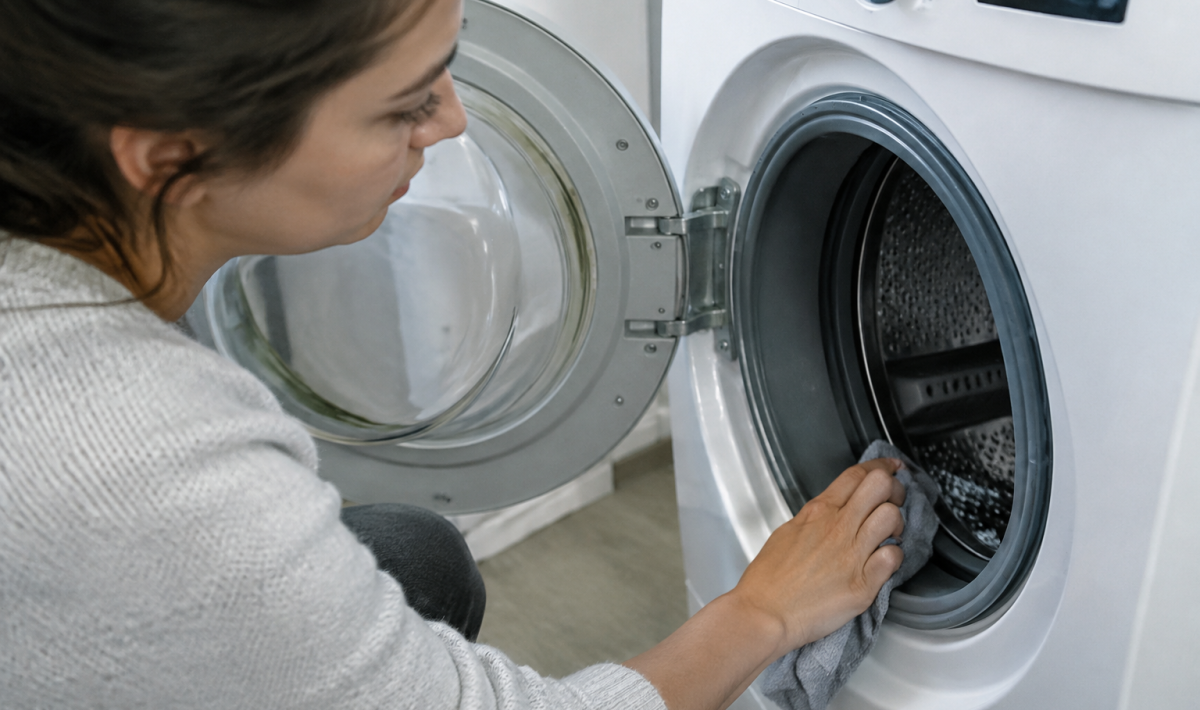 Main essuyant le joint du hublot d'un lave-linge