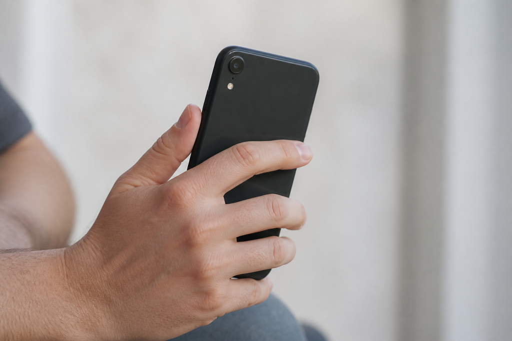 Main tenant un iPhone noir devant fond clair