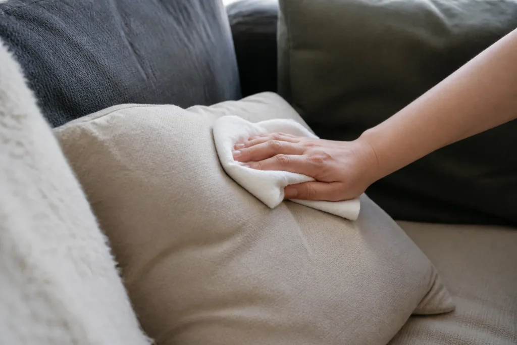 Main tamponnant un coussin beige avec chiffon blanc