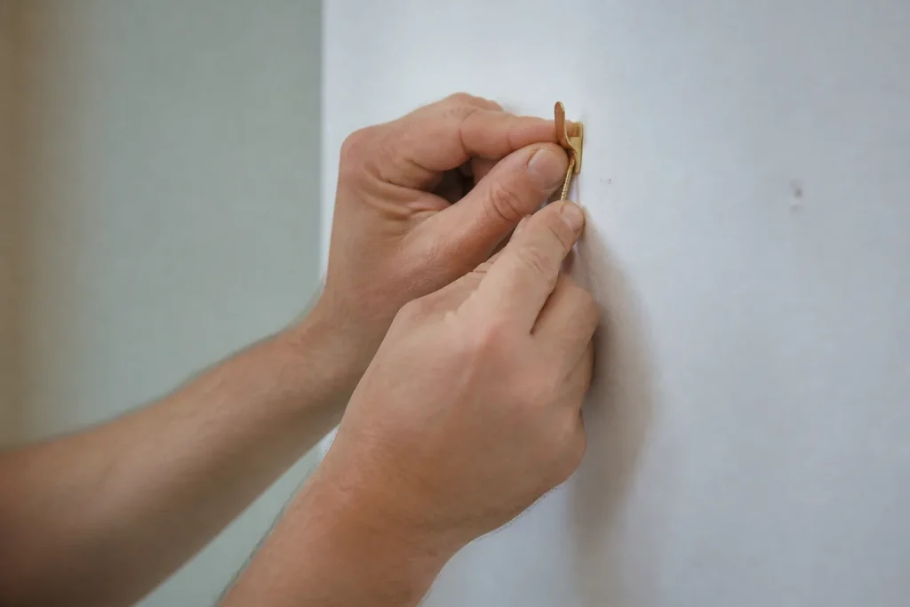 Mains fixant des crochets sur un mur blanc