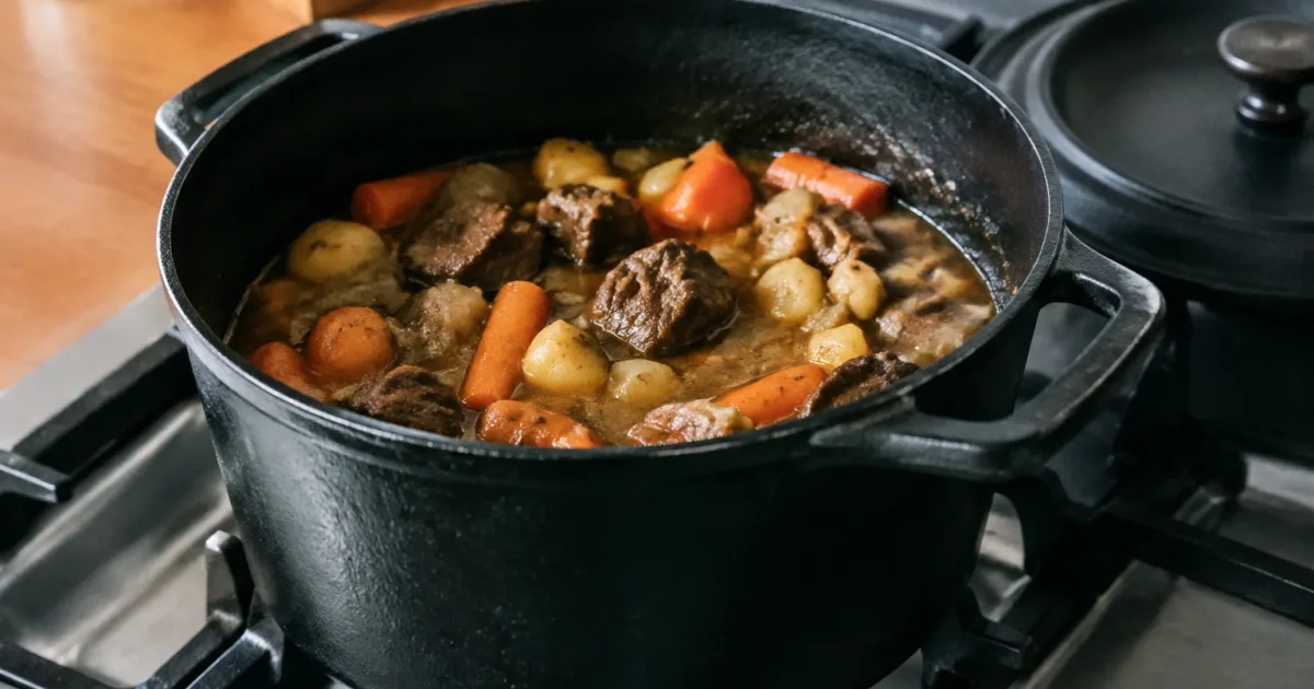 Marmite en fonte posee sur cuisiniere, legumes et viande
