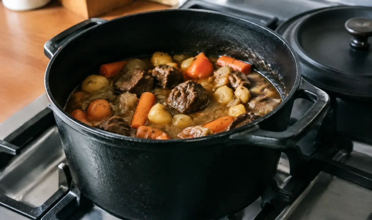 Marmite en fonte posee sur cuisiniere, legumes et viande