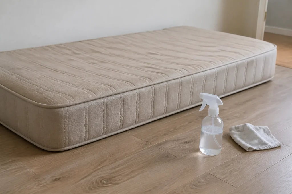 Matelas beige avec vaporisateur et chiffon sur sol