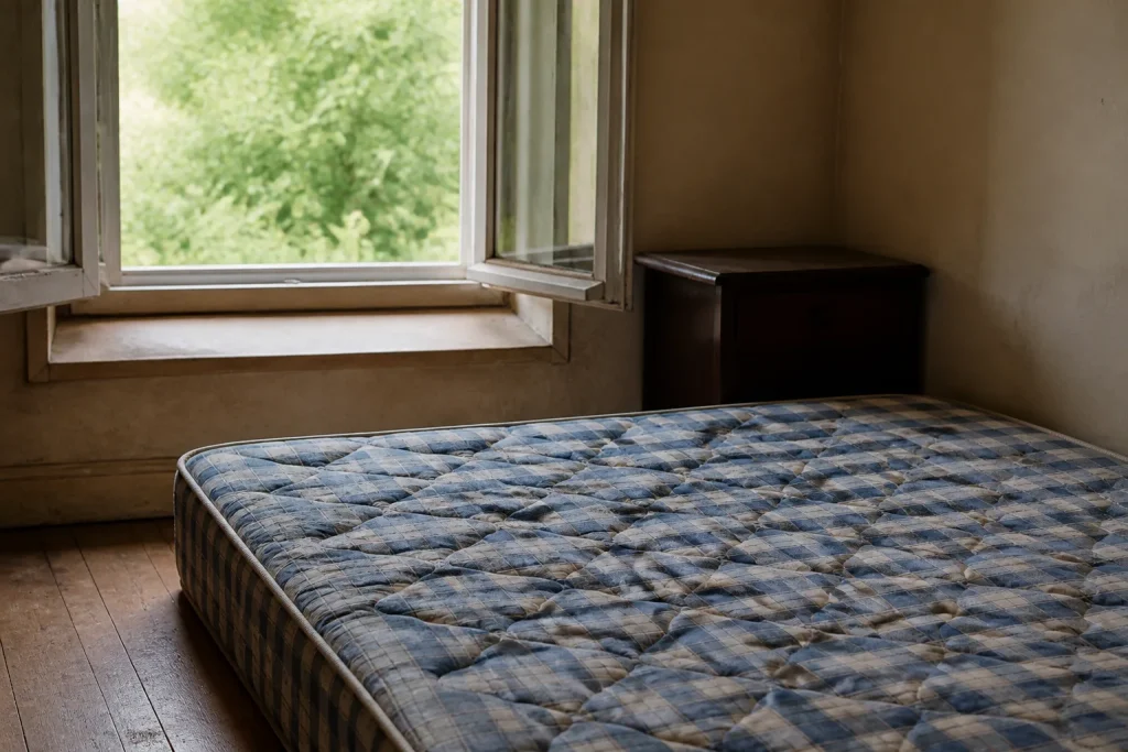 Matelas a ressorts visibles pres d'une fenetre ouverte