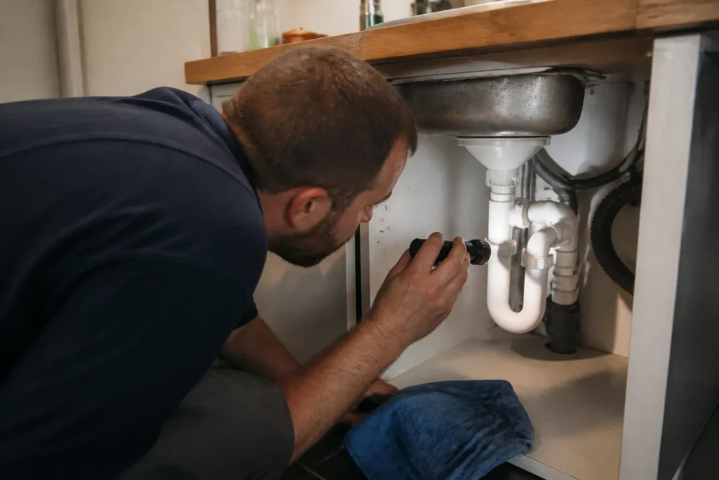 Plombier inspectant un siphon de cuisine avec lampe torche