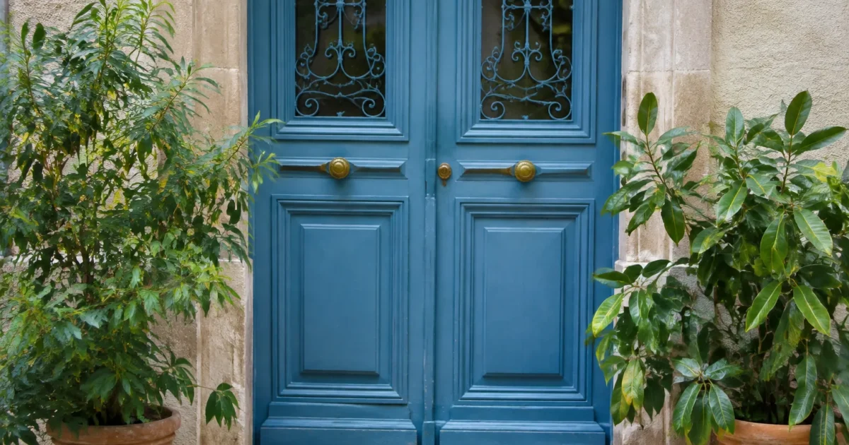 Porte bleue ornee de deux plantes vertes en pot