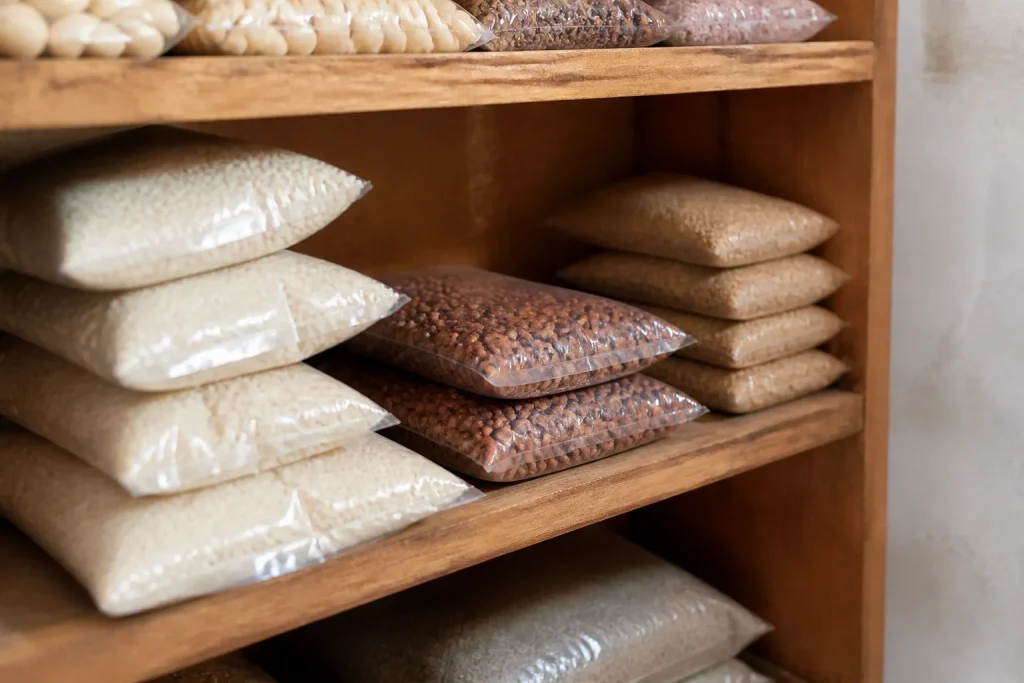 Sachets alimentaires emballes ranges sur etagere en bois