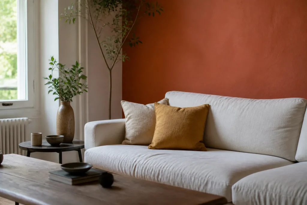 Salon avec mur terracotta, canape clair et coussin ocre