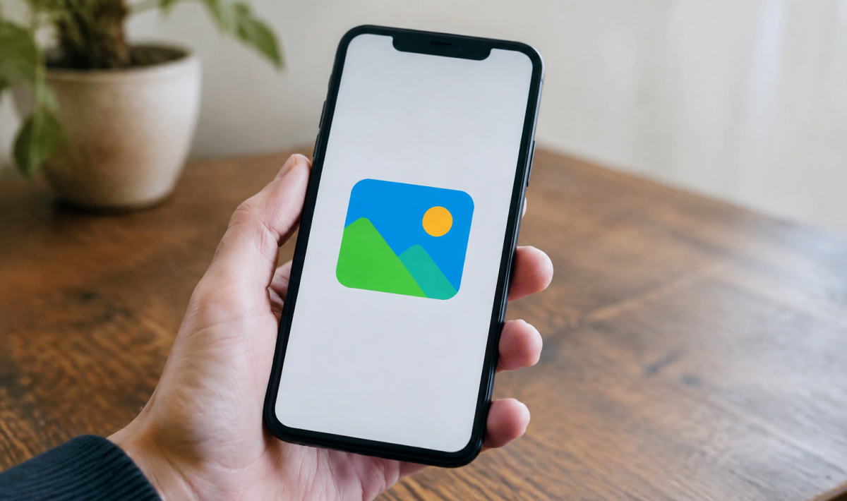 Smartphone pose a plat montrant une icone coloree