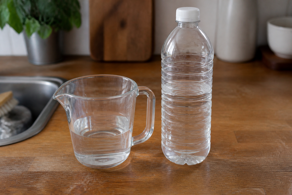 Verre doseur transparent et bouteille de vinaigre blanc